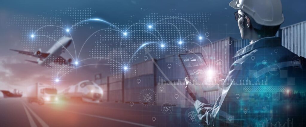 Manager logistic care analizează date AI pe tabletă