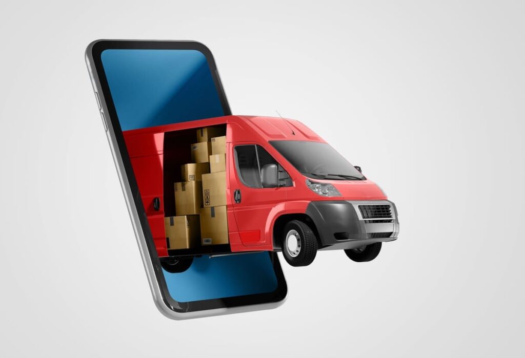 livrare digitala prin comanda online cu autoutilitara rosie iesind din smartphone