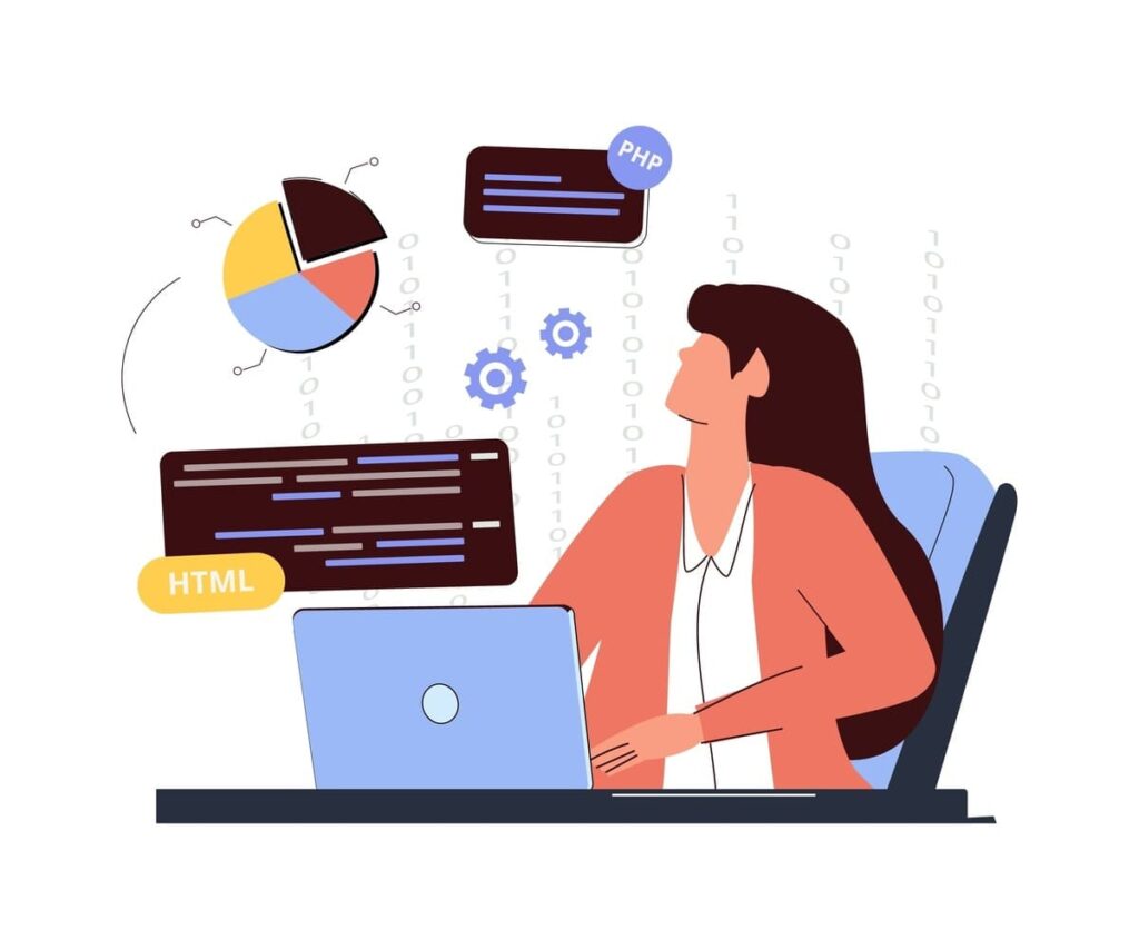 femeie analizand date html si php pe laptop cu diagrame